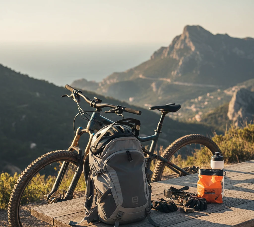 Mountain bike holiday gear: backpack and MTB equipment ready for a tour in Liguria