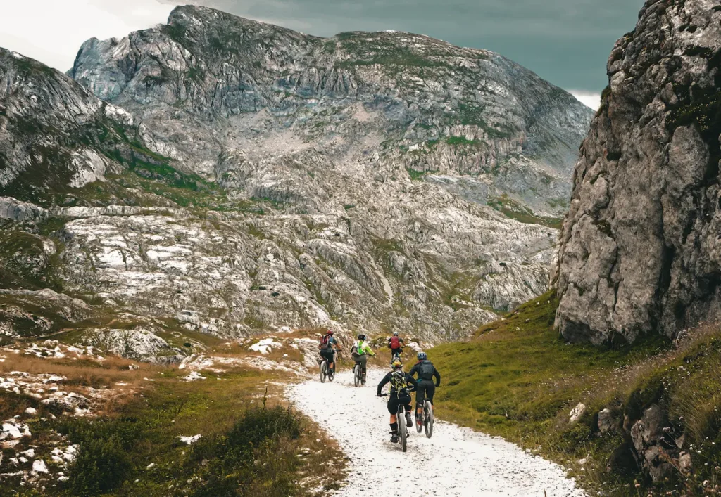 Group of mountain bikers riding through a lush forest trail during a Trails Unlimited guided tour.
