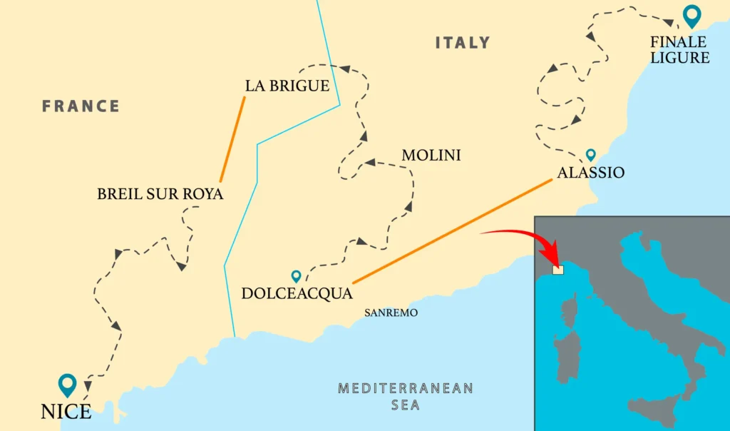 MTB tour route map from Finale Ligure to Nice across Italy and France border