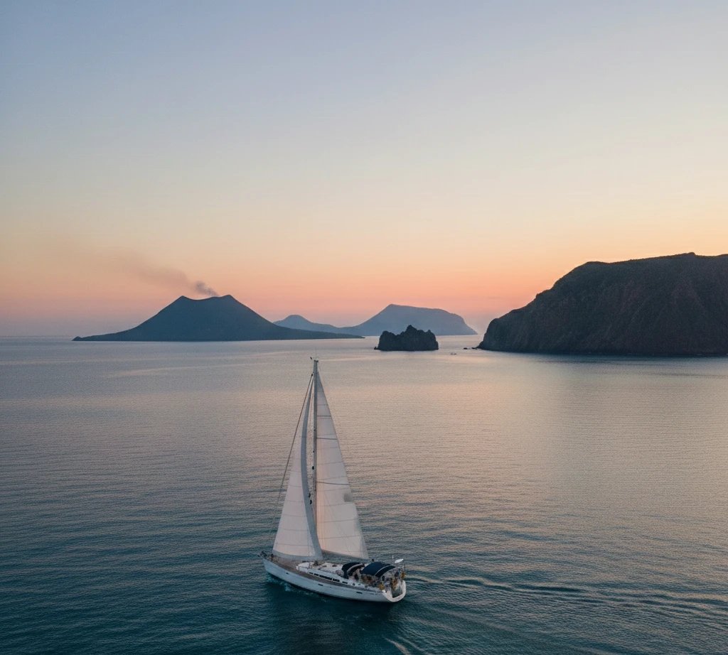 High-angle view of a cyclist on a black lava trail overlooking the blue Sicilian coast and sailing boats in the distance.