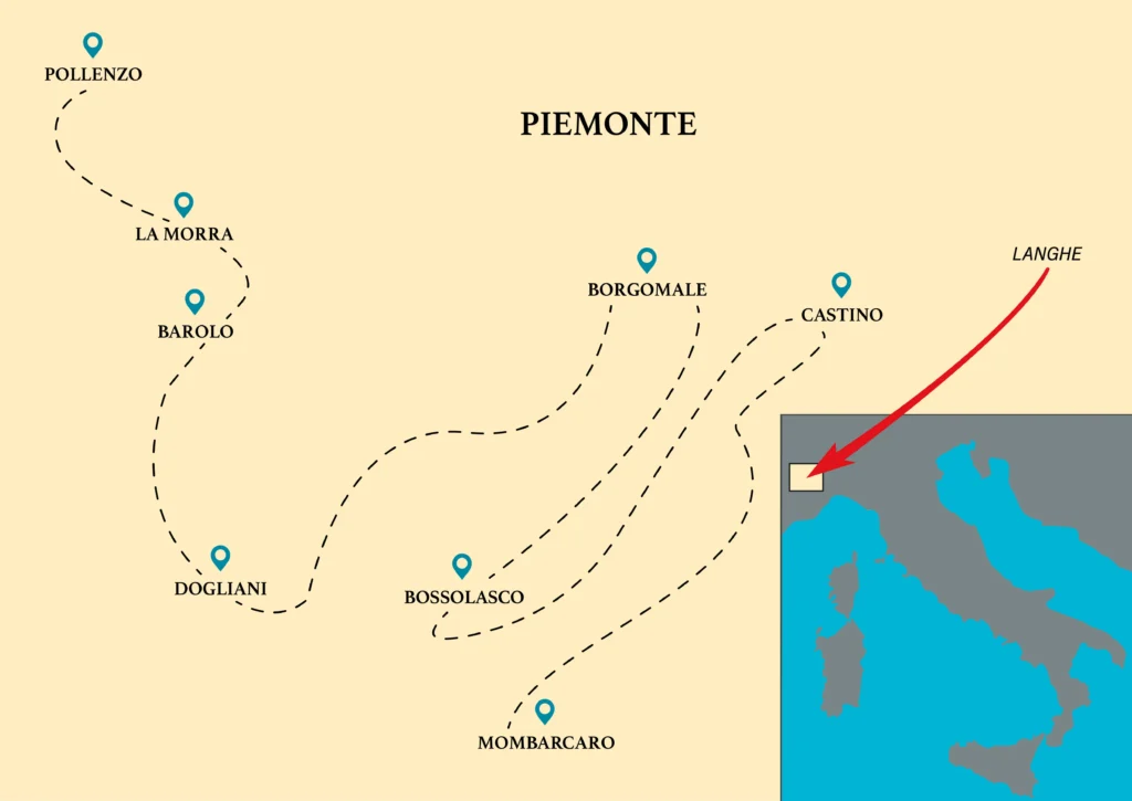 MTB route map through Alta Langa and Barolo wine region, featuring trail networks between Bossolasco, Murazzano, and the iconic vineyards of Piedmont.