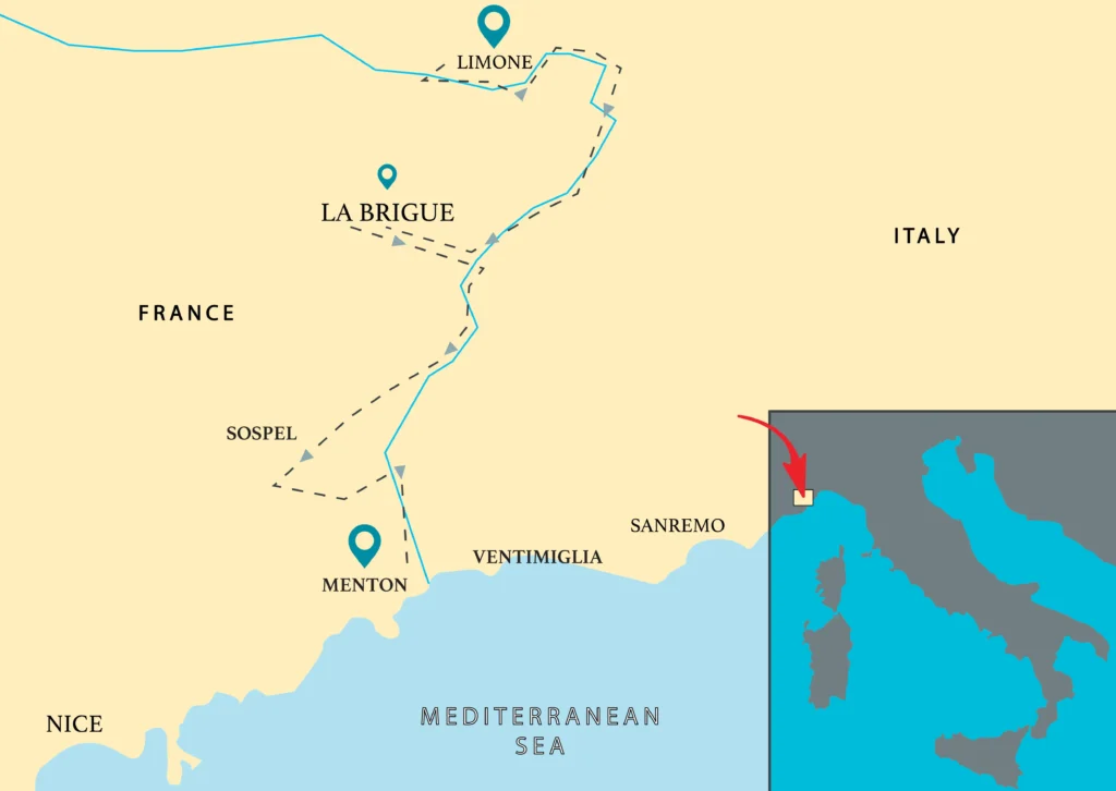 EMTB route map of the Sea to Sky tour from Limone Piemonte to Menton through the Roya Valley.