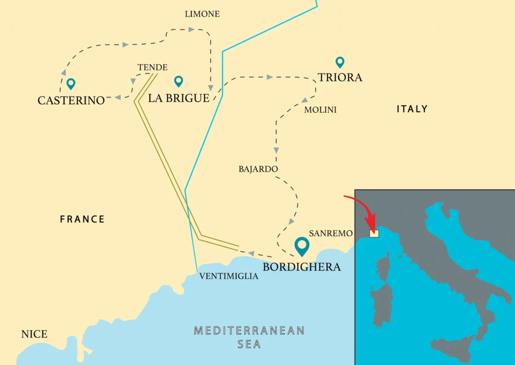 Map of the Trails Unlimited Bicknell cycle tour through Italy and France, starting from Bordighera and reaching Tende and Casterino in the mountains.