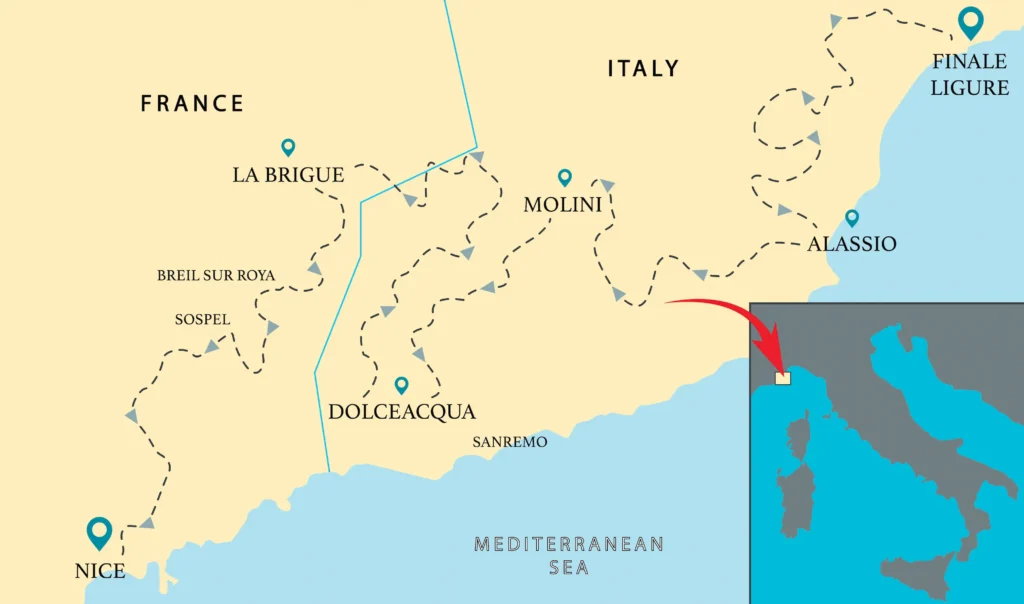 MTB tour Azur Tour Extended route map from Finale Ligure to Nice across Italy and France border