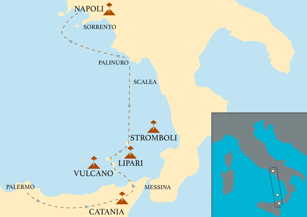 Illustrated map showing the 'Sailing into the Lava' tour route along the Italian coast, starting from Catania in Sicily, moving through Vulcano, Lipari, and Stromboli islands, and ending in Naples