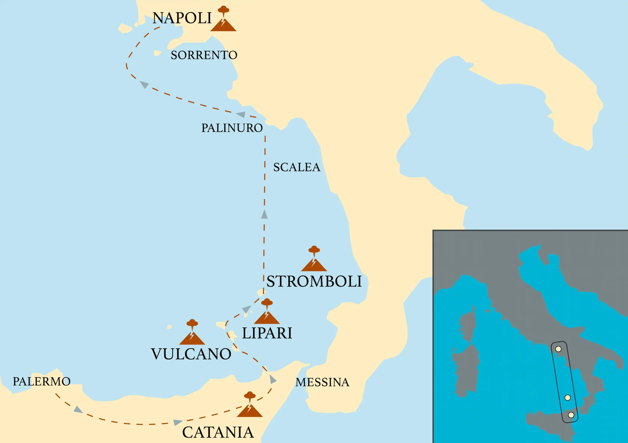 Illustrated map showing the 'Sailing into the Lava' tour route along the Italian coast, starting from Catania in Sicily, moving through Vulcano, Lipari, and Stromboli islands, and ending in Naples