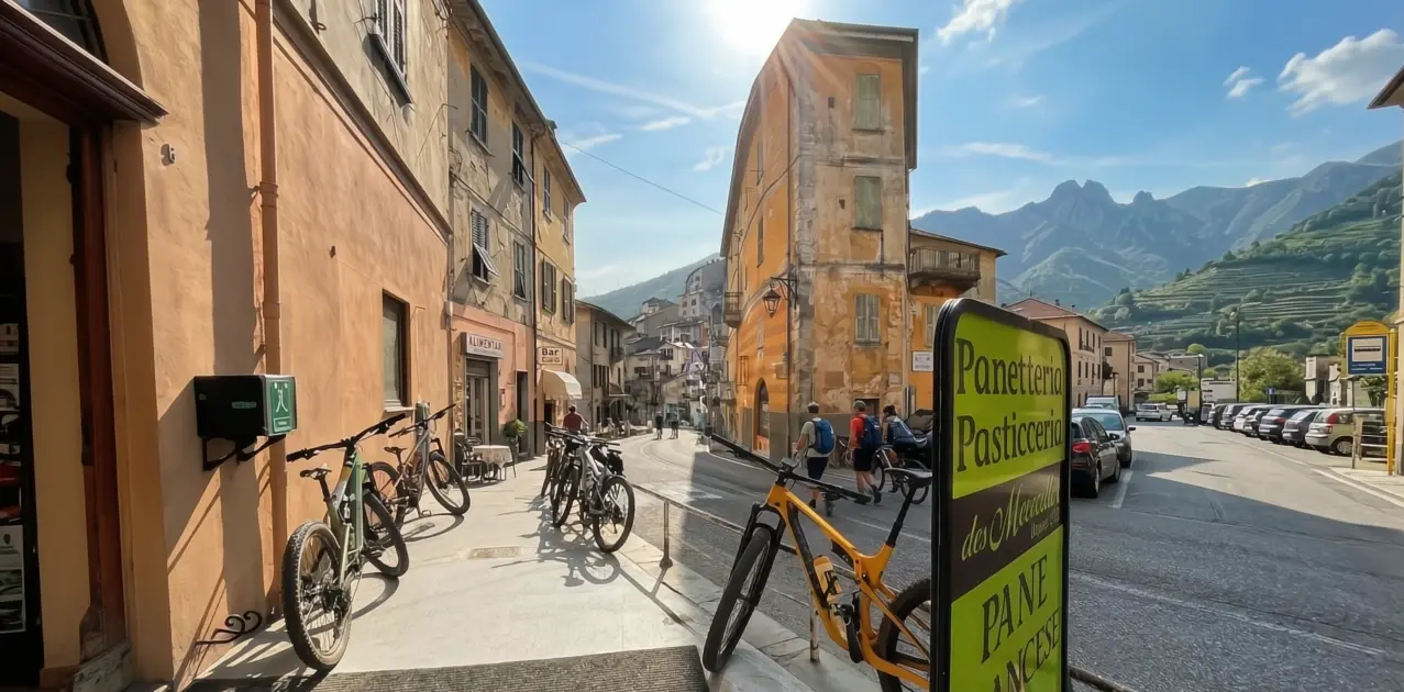 Mountain bikes parked in front of a historic bakery in Tende, France, during a stop on the Sky to Sea MTB tour. Foreground features a yellow 'Panetteria Pasticceria des Merveilles' sign against a backdrop of the picturesque Alpine village and sunny mountain peaks.