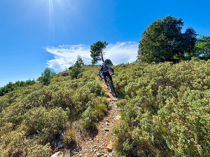 Mountain biker descending a trail during the Beyond Finale tour with a blue sky background.