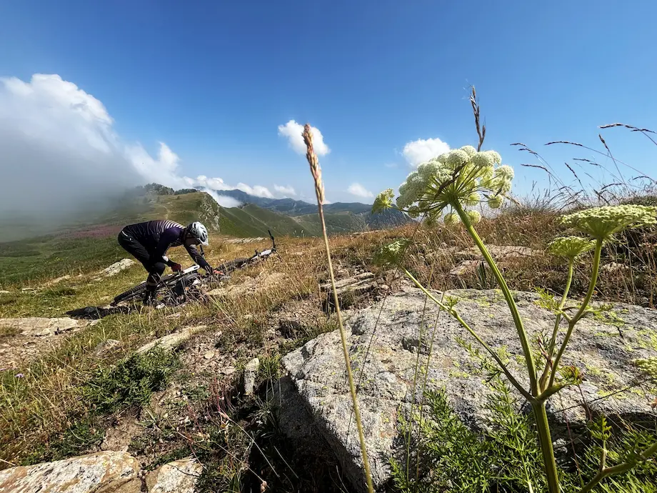 Mountain biker riding along the Via del Sale in the Ligurian Alps