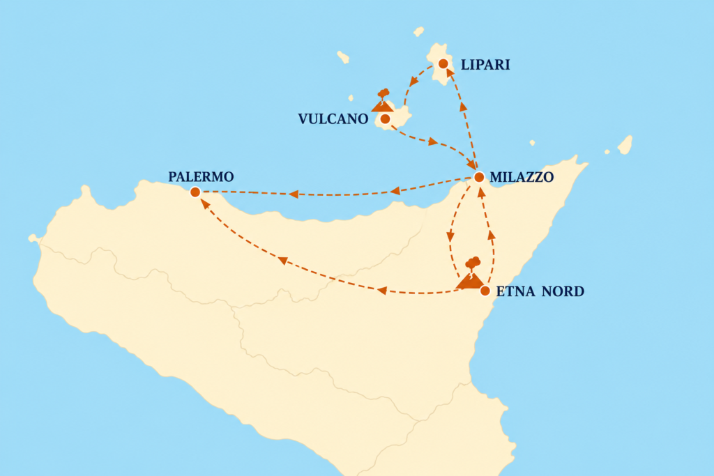 Riding into the Lava MTB tour map connecting Palermo, Mount Etna, Milazzo, Vulcano and Lipari in Sicily