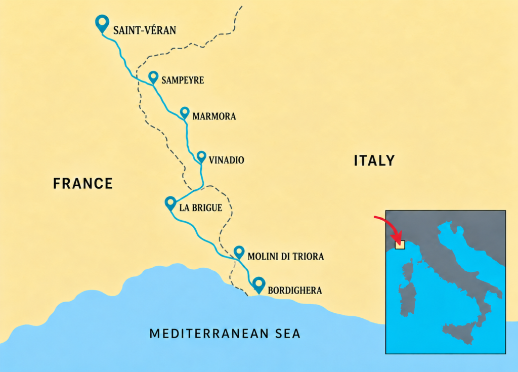 Route map of the six-day Sky to Sea eMTB tour from Saint-Véran across the Western Alps to Bordighera on the Mediterranean coast.